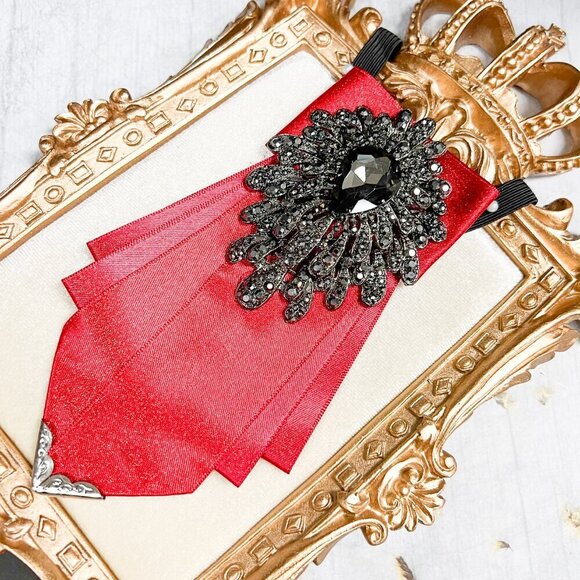 Red Bow Tie, Formal Event Necktie, Black Crystal Tie, Adjustable Necktie - Picture 6 of 8